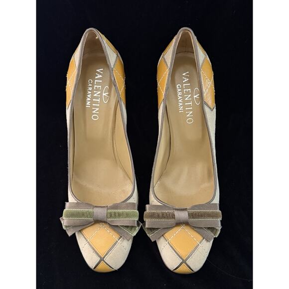 Valentino Garivani Vintage Y2K Argyle Patchwork Suede Heels w/ Velvet Bows Sz 38 - Picture 1 of 7